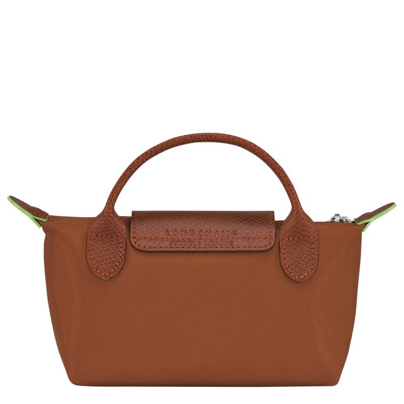 Women's Longchamp Le Pliage Green with handle Pouches Cognac Brown | WRDVQ-7296