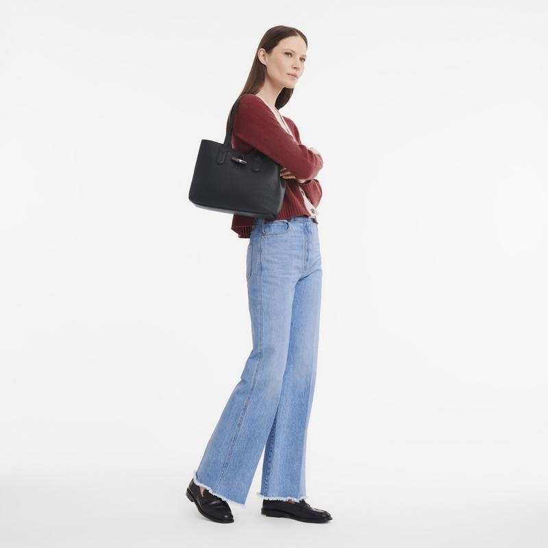 Women's Longchamp Roseau Essential M Tote Bag Black | FYLQM-8321